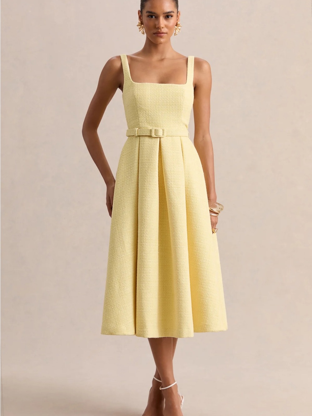 CAMORIA
Lemon Boucle Square-Neck Midi Dress